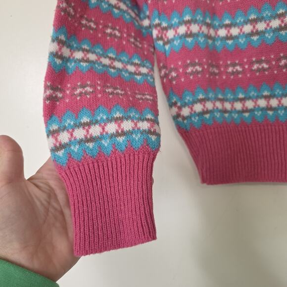Vtg Grandmacore Sweater Womens M Pink Blue Aztec Fair Isle Cottage Boho 80s - Picture 3 of 9